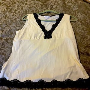 White House Black Market sleeveless white top with black lace edging